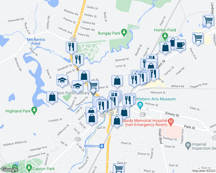 map of restaurants, bars, coffee shops, grocery stores, and more near 52 Dean Street in Attleboro