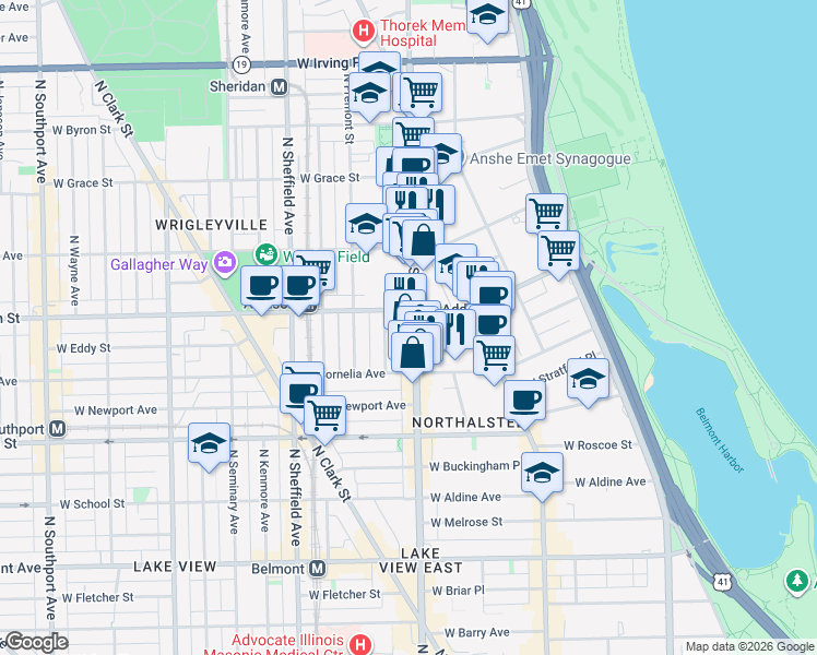 map of restaurants, bars, coffee shops, grocery stores, and more near 3544 North Halsted Street in Chicago