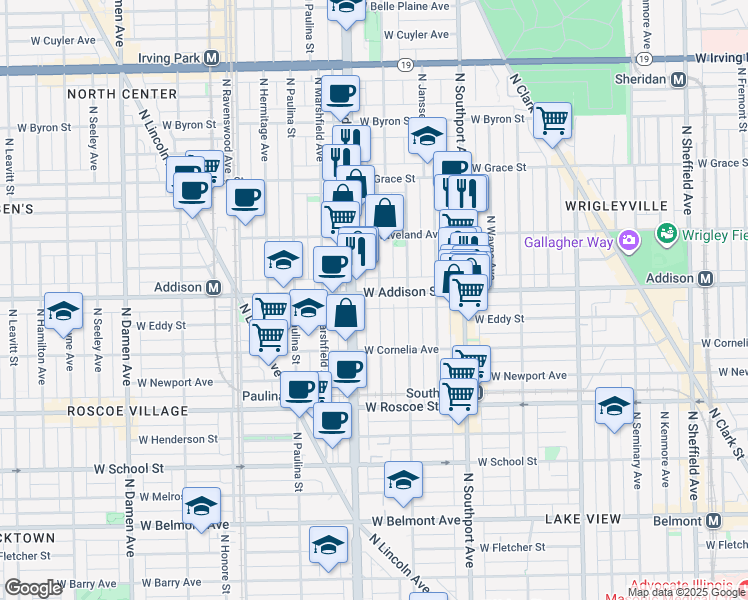 map of restaurants, bars, coffee shops, grocery stores, and more near 3611 North Bosworth Avenue in Chicago
