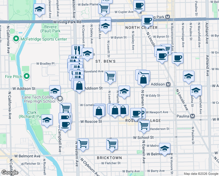 map of restaurants, bars, coffee shops, grocery stores, and more near W Addison St & N Leavitt St in Chicago