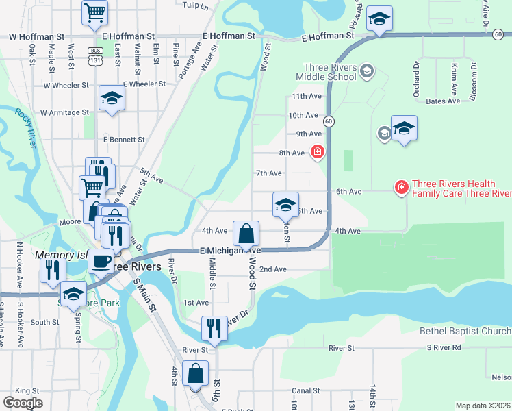 map of restaurants, bars, coffee shops, grocery stores, and more near 306 6th Avenue in Three Rivers