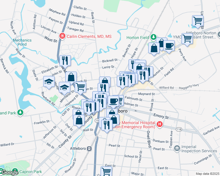 map of restaurants, bars, coffee shops, grocery stores, and more near 53 Peck Street in Attleboro
