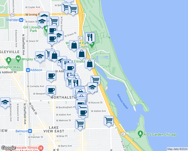 map of restaurants, bars, coffee shops, grocery stores, and more near in Chicago