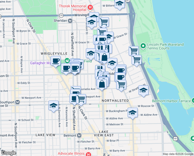 map of restaurants, bars, coffee shops, grocery stores, and more near 850 West Addison Street in Chicago