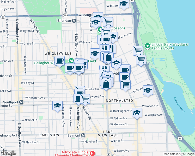 map of restaurants, bars, coffee shops, grocery stores, and more near 850 West Addison Street in Chicago