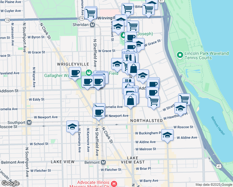 map of restaurants, bars, coffee shops, grocery stores, and more near 850 West Addison Street in Chicago