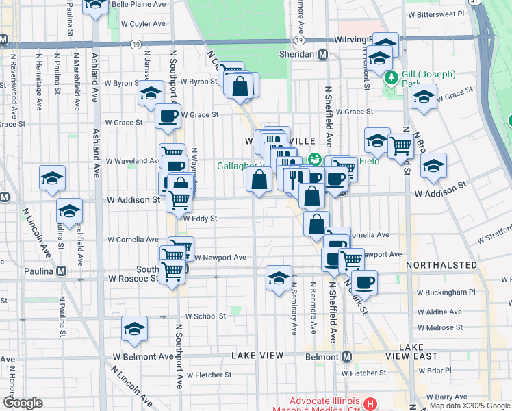 map of restaurants, bars, coffee shops, grocery stores, and more near 1136 West Addison Street in Chicago