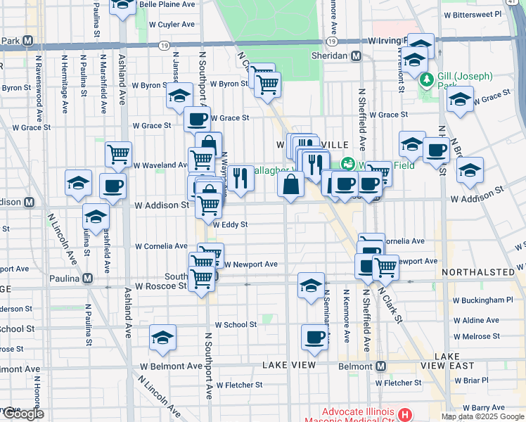 map of restaurants, bars, coffee shops, grocery stores, and more near 1216 West Addison Street in Chicago