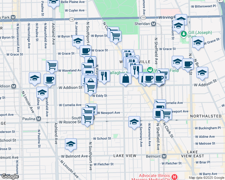map of restaurants, bars, coffee shops, grocery stores, and more near 1216 West Addison Street in Chicago