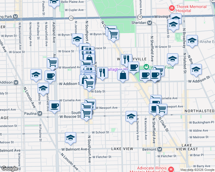 map of restaurants, bars, coffee shops, grocery stores, and more near 3609 North Lakewood Avenue in Chicago