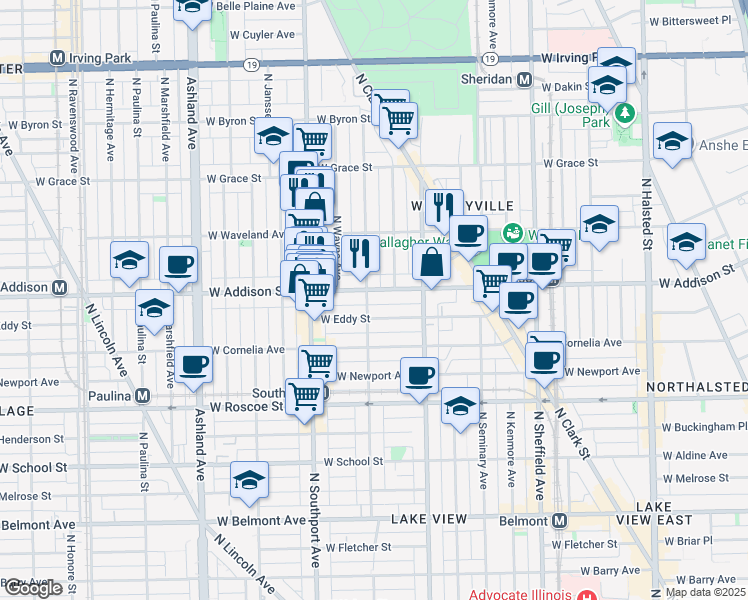 map of restaurants, bars, coffee shops, grocery stores, and more near 3609 North Lakewood Avenue in Chicago