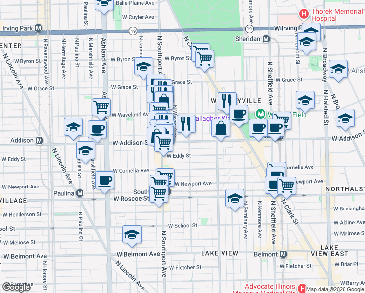map of restaurants, bars, coffee shops, grocery stores, and more near 3609 North Lakewood Avenue in Chicago