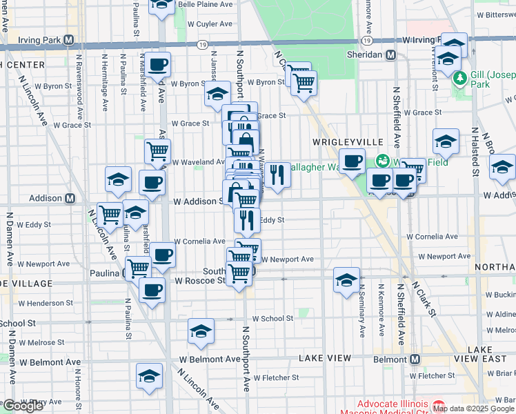 map of restaurants, bars, coffee shops, grocery stores, and more near 3610 North Wayne Avenue in Chicago