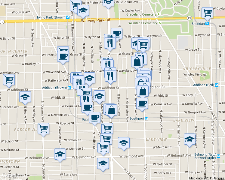map of restaurants, bars, coffee shops, grocery stores, and more near 3614 North Ashland Avenue in Chicago
