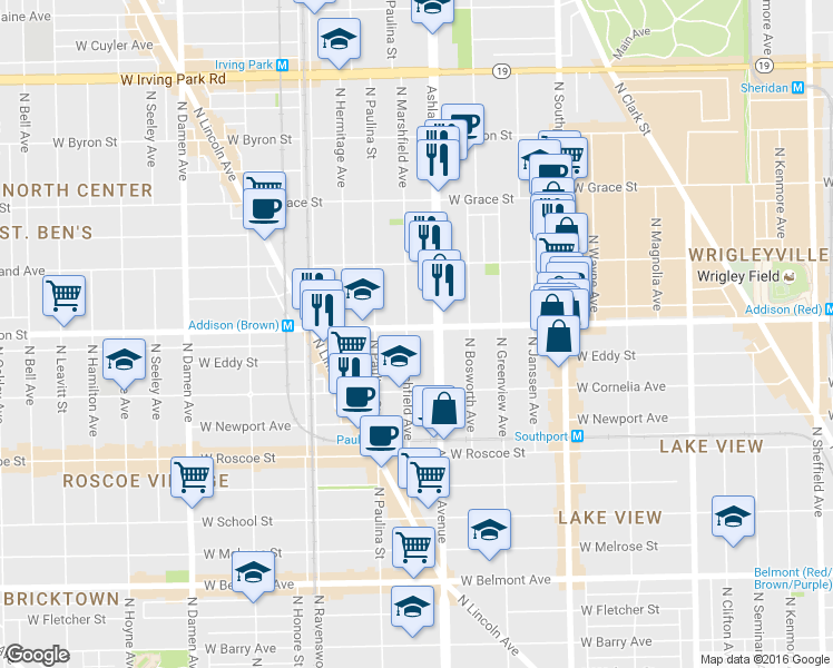 map of restaurants, bars, coffee shops, grocery stores, and more near 3614 North Ashland Avenue in Chicago