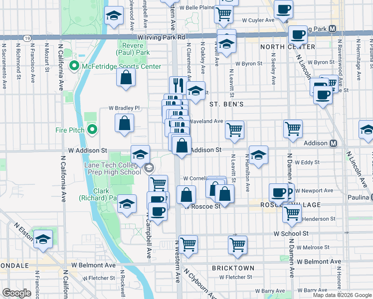 map of restaurants, bars, coffee shops, grocery stores, and more near 3621 North Claremont Avenue in Chicago
