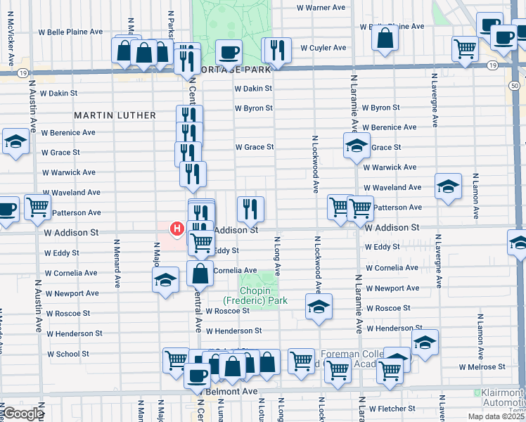 map of restaurants, bars, coffee shops, grocery stores, and more near 3650 North Long Avenue in Chicago