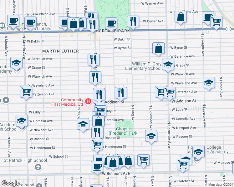 map of restaurants, bars, coffee shops, grocery stores, and more near 3654 North Lotus Avenue in Chicago