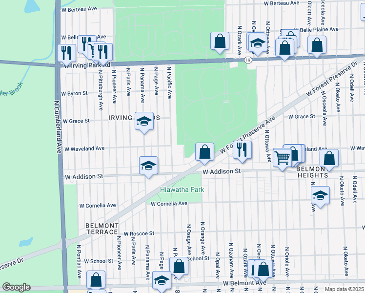 map of restaurants, bars, coffee shops, grocery stores, and more near 3719 North Pacific Avenue in Chicago