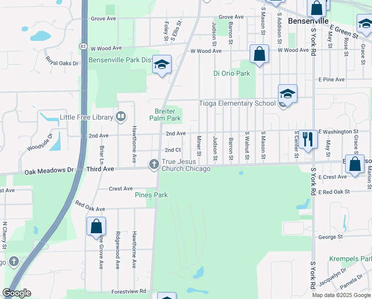 map of restaurants, bars, coffee shops, grocery stores, and more near 802 South Ellis Street in Bensenville