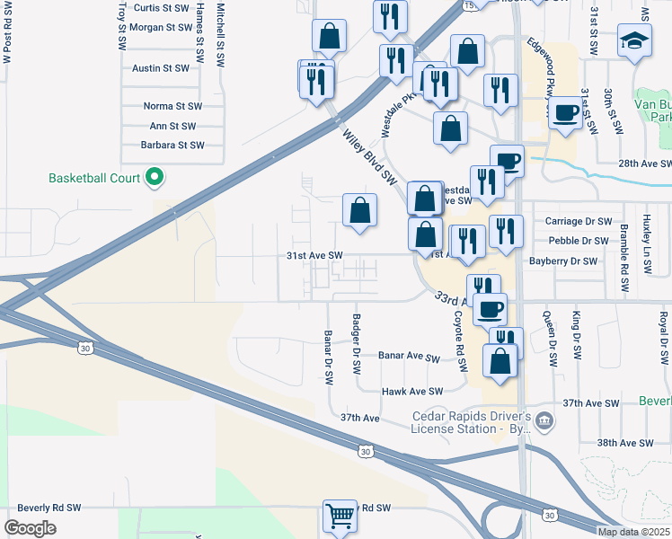 map of restaurants, bars, coffee shops, grocery stores, and more near 4158 31st Avenue Southwest in Cedar Rapids