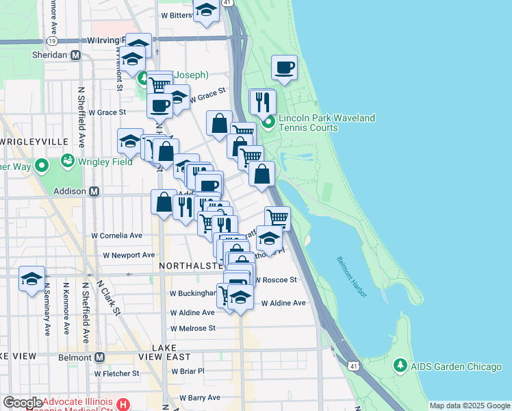 map of restaurants, bars, coffee shops, grocery stores, and more near 512 West Cornelia Avenue in Chicago