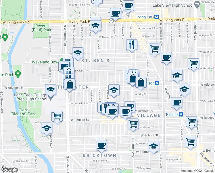 map of restaurants, bars, coffee shops, grocery stores, and more near West Addison Street & North Hamilton Avenue in Chicago
