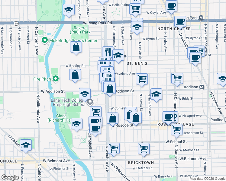 map of restaurants, bars, coffee shops, grocery stores, and more near 3621 North Claremont Avenue in Chicago