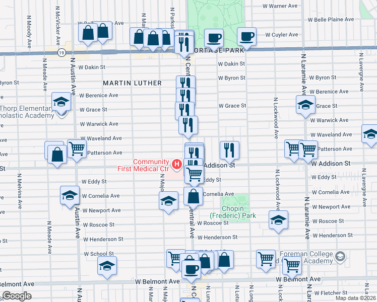 map of restaurants, bars, coffee shops, grocery stores, and more near in Glenview
