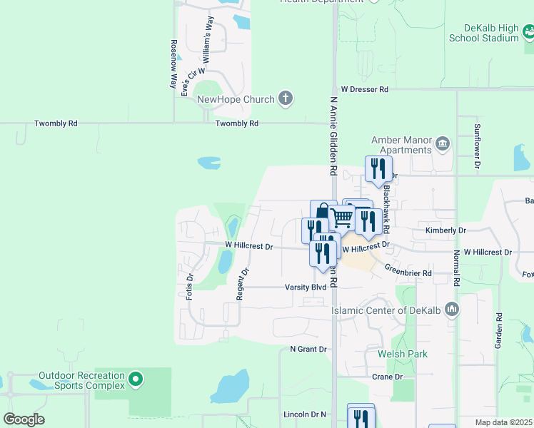 map of restaurants, bars, coffee shops, grocery stores, and more near 1106 Regent Drive in DeKalb
