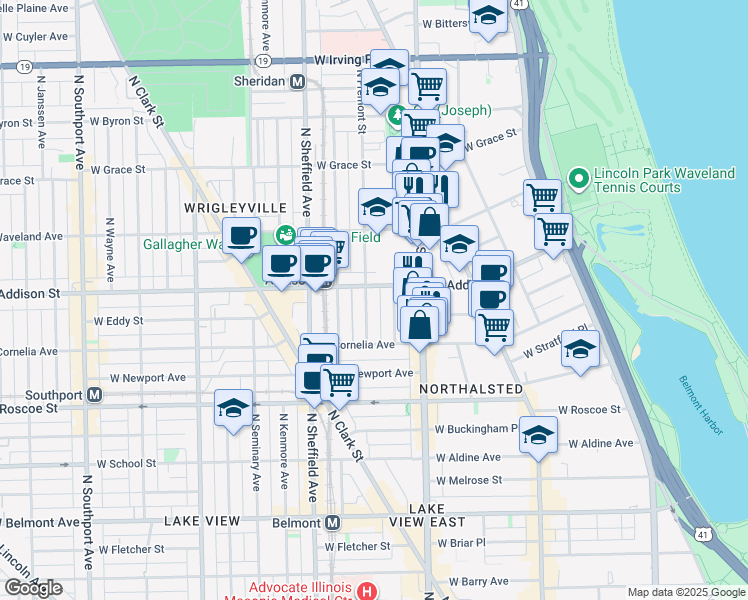 map of restaurants, bars, coffee shops, grocery stores, and more near 850 West Addison Street in Chicago