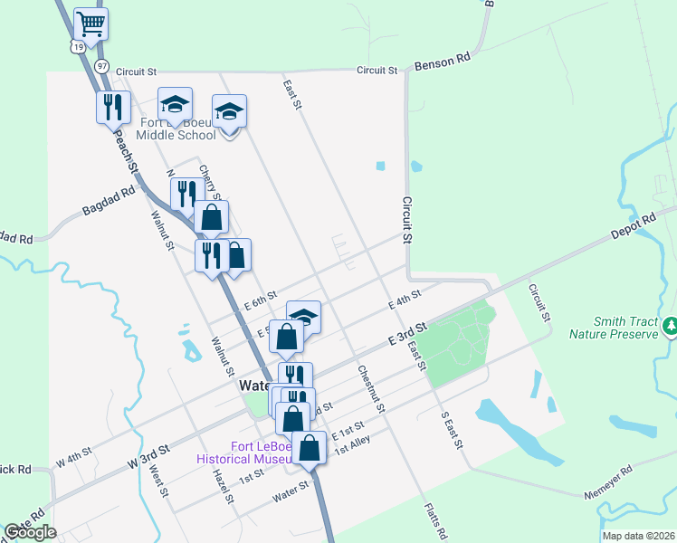 map of restaurants, bars, coffee shops, grocery stores, and more near 225 East 6th Street in Waterford