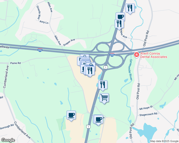 map of restaurants, bars, coffee shops, grocery stores, and more near 1019 South Washington Street in North Attleborough