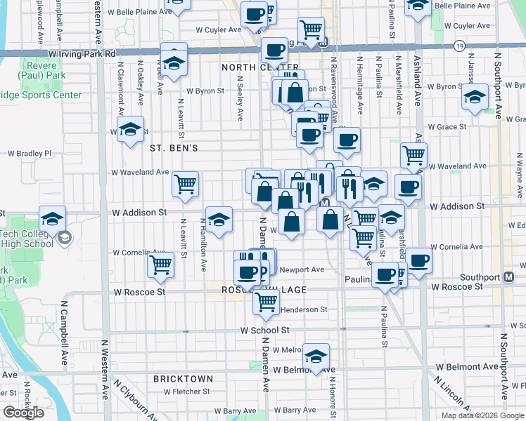 map of restaurants, bars, coffee shops, grocery stores, and more near W Addison St & N Damen Ave in Chicago