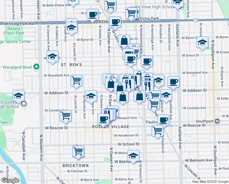 map of restaurants, bars, coffee shops, grocery stores, and more near 1944 West Addison Street in Chicago