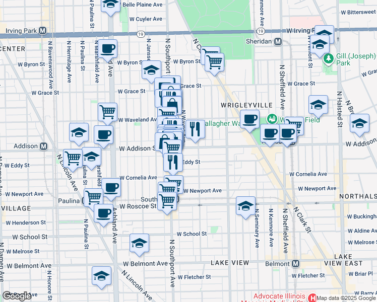 map of restaurants, bars, coffee shops, grocery stores, and more near 1317 West Addison Street in Chicago