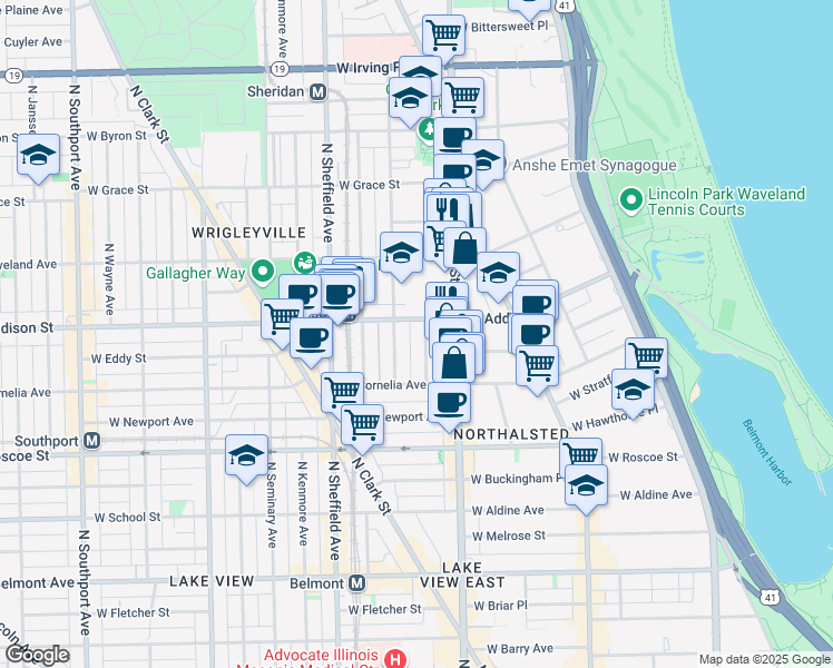map of restaurants, bars, coffee shops, grocery stores, and more near 3548 North Reta Avenue in Chicago