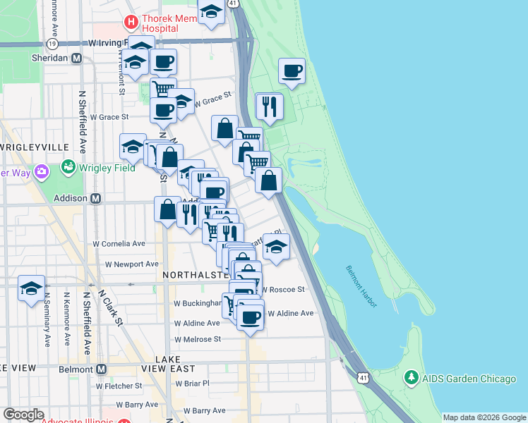 map of restaurants, bars, coffee shops, grocery stores, and more near 516 West Cornelia Avenue in Chicago