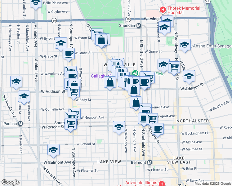 map of restaurants, bars, coffee shops, grocery stores, and more near 1136 West Addison Street in Chicago