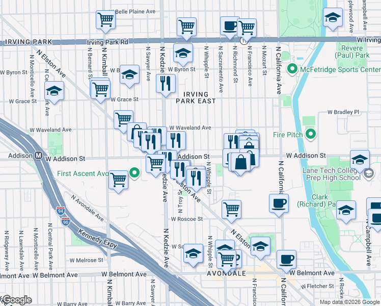 map of restaurants, bars, coffee shops, grocery stores, and more near 3625 North Albany Avenue in Chicago
