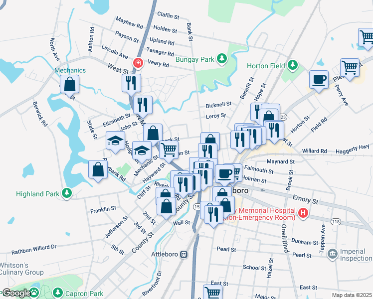 map of restaurants, bars, coffee shops, grocery stores, and more near 21 Peck Street in Attleboro