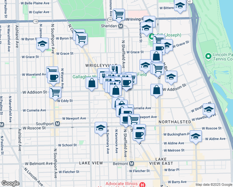map of restaurants, bars, coffee shops, grocery stores, and more near 1023 West Addison Street in Chicago
