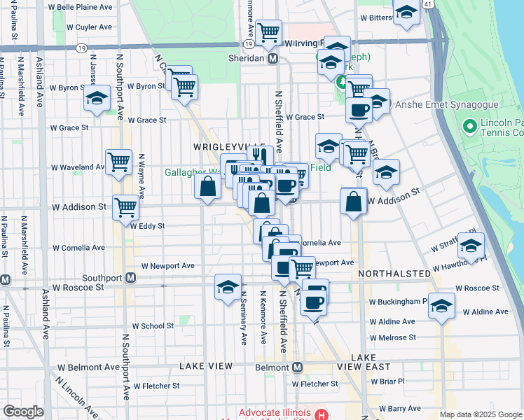 map of restaurants, bars, coffee shops, grocery stores, and more near 1023 West Addison Street in Chicago