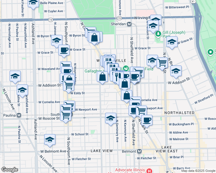 map of restaurants, bars, coffee shops, grocery stores, and more near 1138 West Addison Street in Chicago