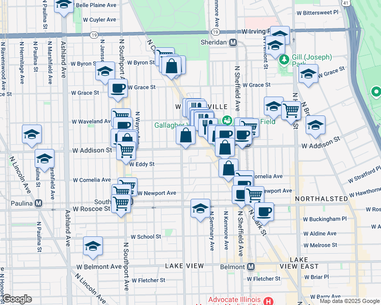 map of restaurants, bars, coffee shops, grocery stores, and more near 1136 West Addison Street in Chicago