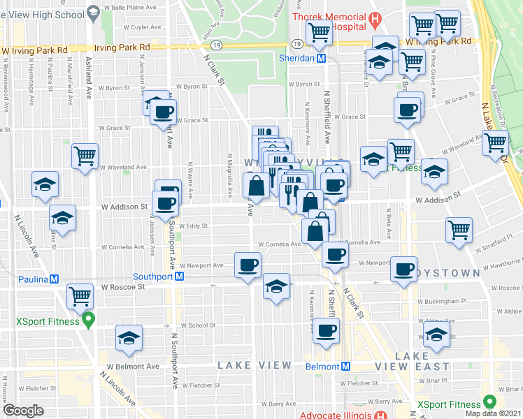 map of restaurants, bars, coffee shops, grocery stores, and more near 1136 West Addison Street in Chicago