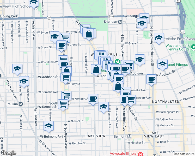 map of restaurants, bars, coffee shops, grocery stores, and more near 1136 West Addison Street in Chicago