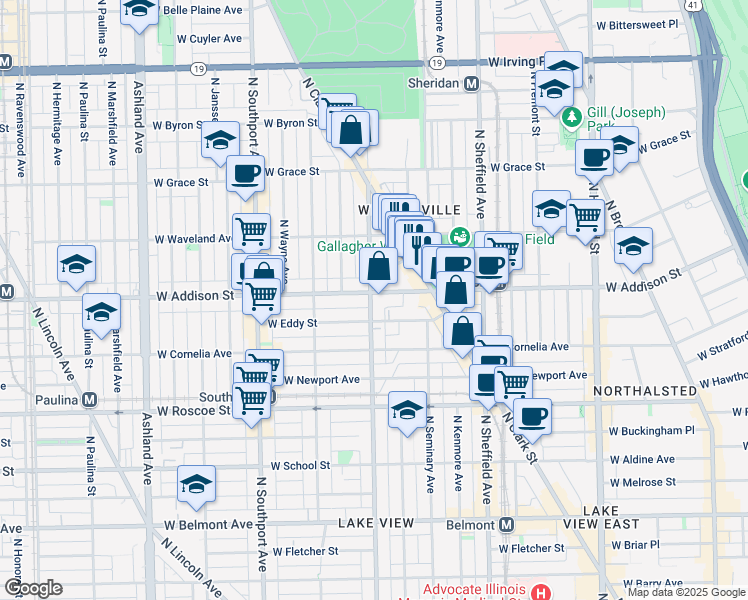 map of restaurants, bars, coffee shops, grocery stores, and more near 1136 West Addison Street in Chicago
