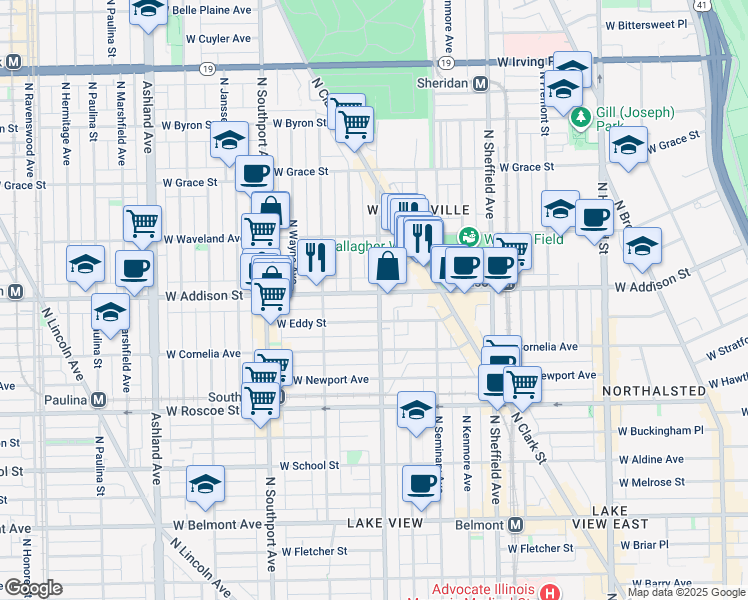 map of restaurants, bars, coffee shops, grocery stores, and more near 1216 West Addison Street in Chicago