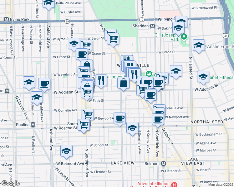 map of restaurants, bars, coffee shops, grocery stores, and more near 1216 West Addison Street in Chicago